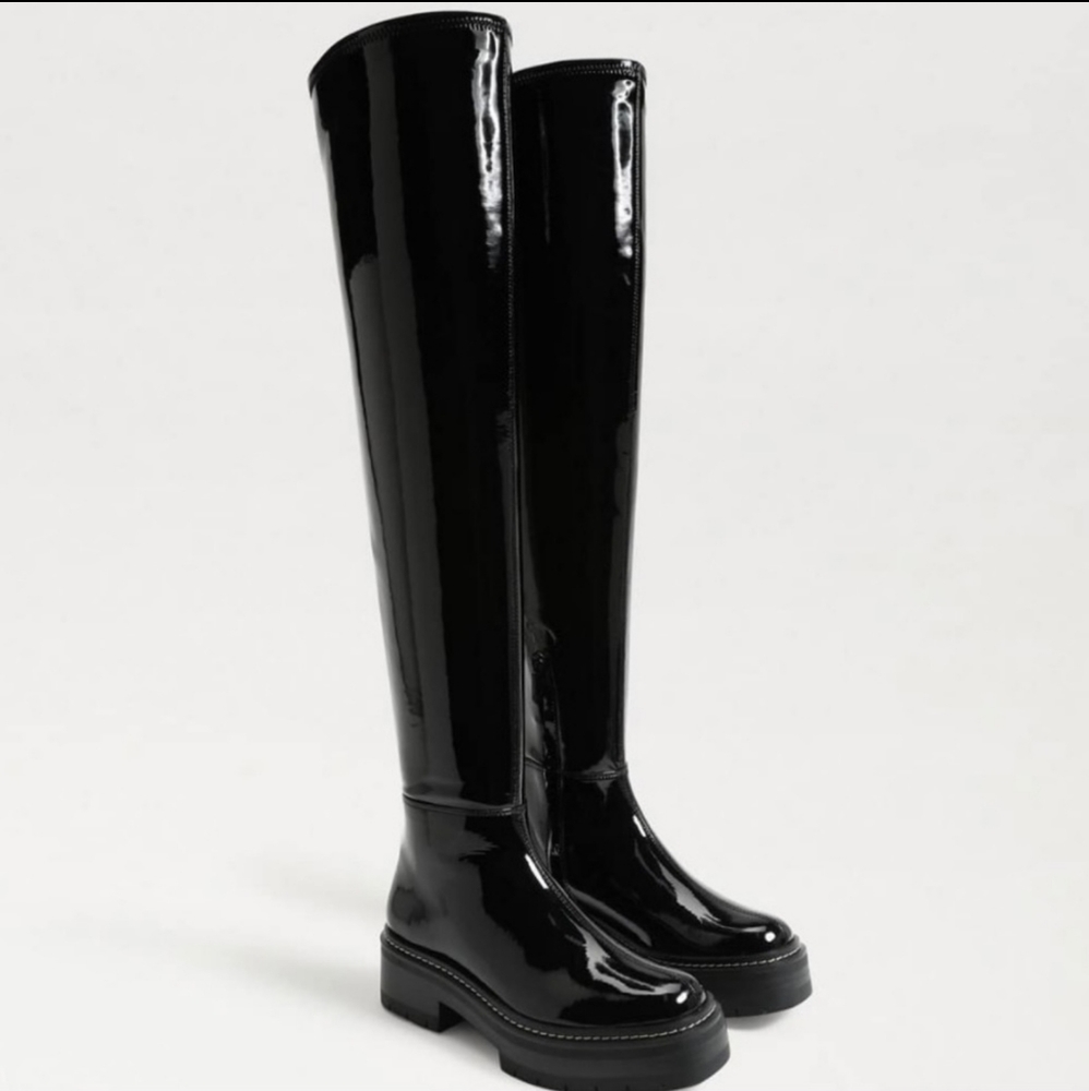 Sam Edelman Lydia black patent over the knee chunky lug Boots 8.5